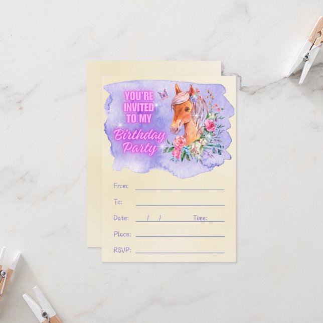 Enchanting Pony and Wildflowers Birthday Invitation (Front/Back In Situ)