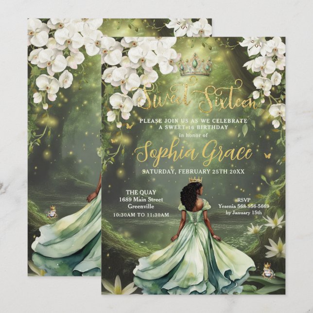 Enchanting Princess & Frog Green Dress Sweet 16 Invitation (Front/Back)
