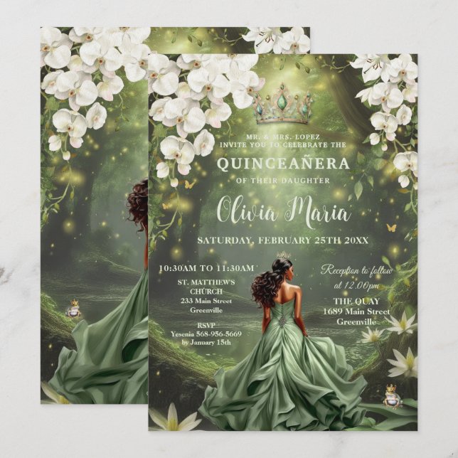 Enchanting Princess & Frog Green Gown Quinceañera Invitation (Front/Back)