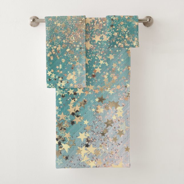 Enchanting Shimmery Gold Stars on Teal Glittery Bath Towel Set (Insitu)