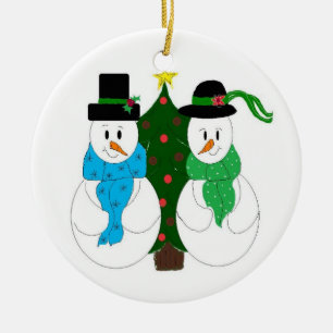 Enchanting Snow Couple Trimmed in Green Ceramic Tree Decoration