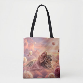 Enchanting Snow Leopard and Woman in Clouds Tote Bag