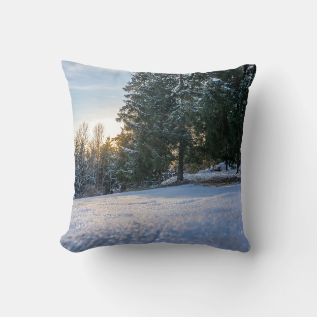Enchanting Snowy Forest Scene Print Cushion (Front)