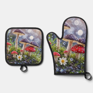 Enchanting Toadstools Rain Fantasy Kitchen Oven Mitt & Pot Holder Set