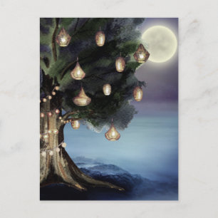 Enchanting Tree with Lights and Full Moon Beach Postcard