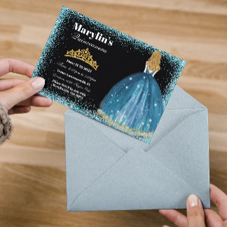 Enchanting Turquoise Glitter Princess Quinceañera  Invitation