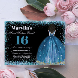 Enchanting Turquoise Glitter Princess Quinceanera  Invitation