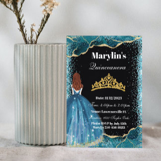 Enchanting Turquoise Glitter Princess Quinceañera Invitation