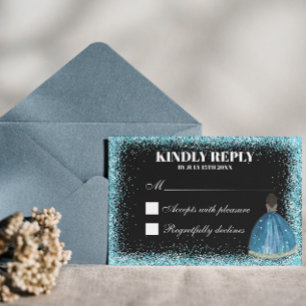 Enchanting Turquoise Glitter Princess Quinceañera RSVP Card