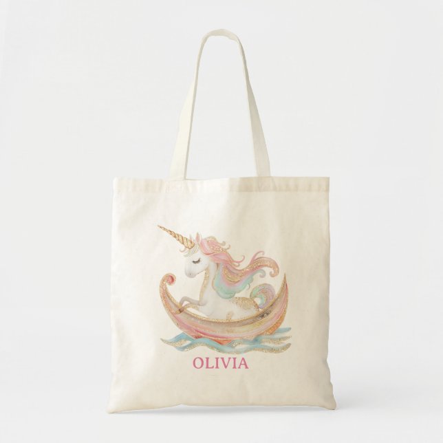 Enchanting Unicorn in a Magical Boat on the Sea Tote Bag (Front)