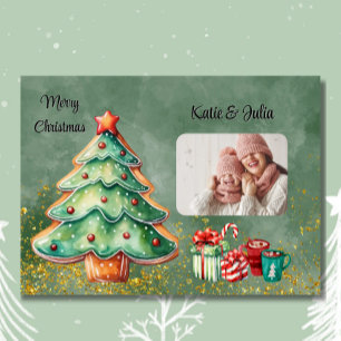 Enchanting Watercolor Christmas Tree Photo Holiday Card