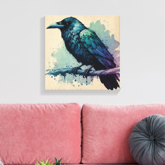 Enchanting Watercolor Raven Art: Bold & Mystical Canvas Print (Insitu(LivingRoom))