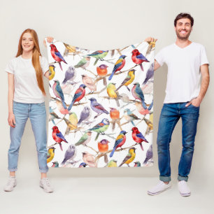 Enchanting Watercolor Vintage Birds Pattern Fleece Blanket