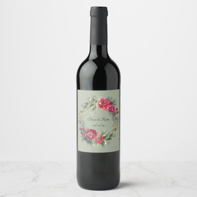 Enchanting Watercolor Wreath Wine Label (Front)