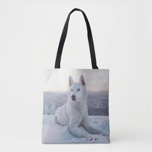 Enchanting White Husky Dog in the snow Tote Bag (Front)