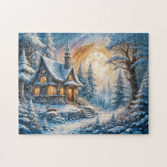 Enchanting Winter Cottage in Moonlight Jigsaw Puzzle (Horizontal)