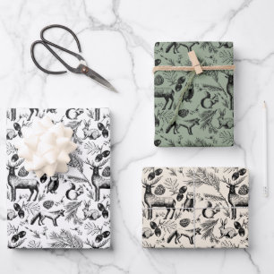 Enchanting Winter Forest Animals Xmas Hand-Drawn Wrapping Paper Sheet