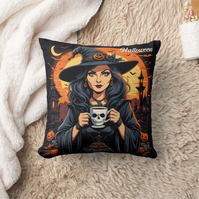 Enchanting witch holds skull mug at Halloween dusk Cushion (Blanket)