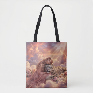 Enchanting Woman & Snow Leopard Cloud Fantasy Art  Tote Bag