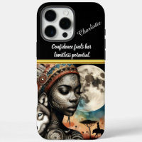 Enchanting woman with wolf under moon