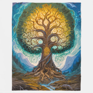Enchanting Yggdrasil Glowing Tree Magical Landscap Fleece Blanket