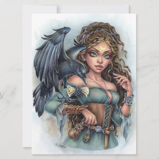 Enchantress Fairy Elf Fantasy Raven Woman Art Card (Front)