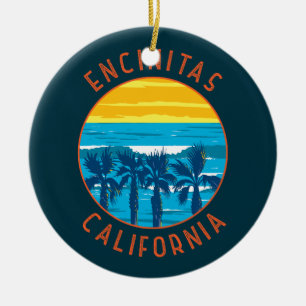 Encinitas California Retro Distressed Circle Ceramic Tree Decoration