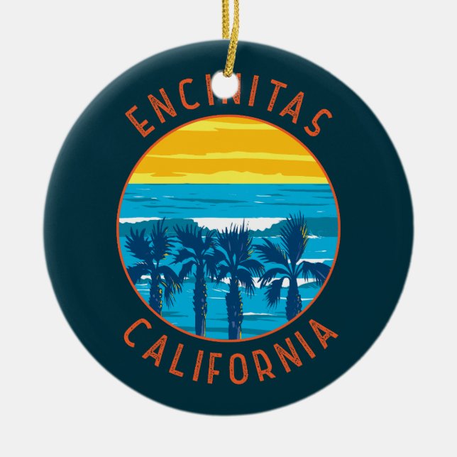 Encinitas California Retro Distressed Circle Ceramic Tree Decoration (Front)