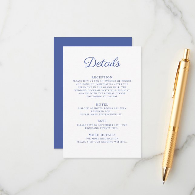 Enclosure Card Details for Wedding.  (Front/Back In Situ)