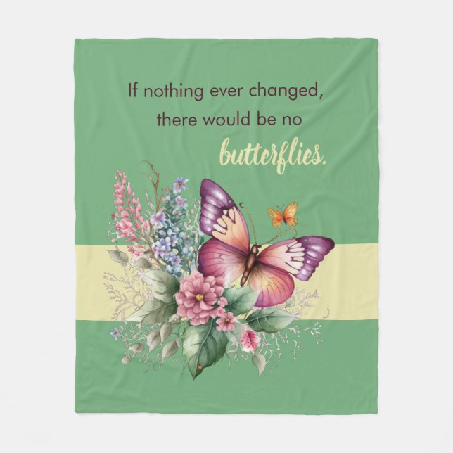 Encouragement Butterfly and Flowers on Green Fleece Blanket (Front)