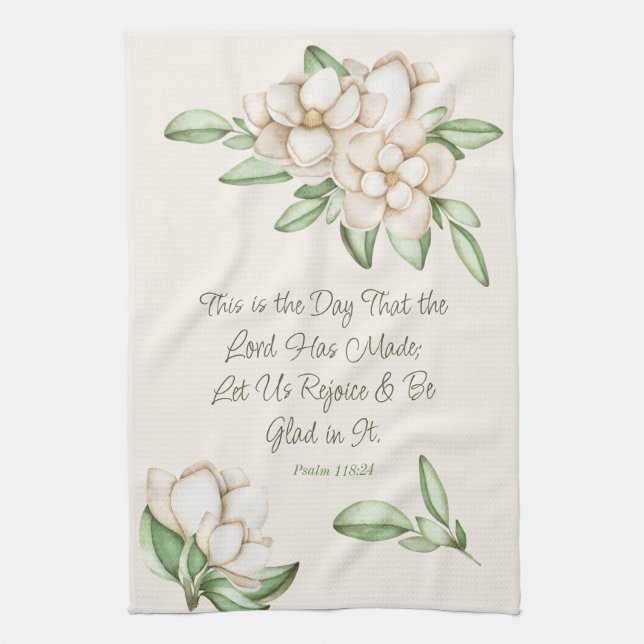 Encouraging Bible Verse Magnolia Watercolor Script Tea Towel (Vertical)