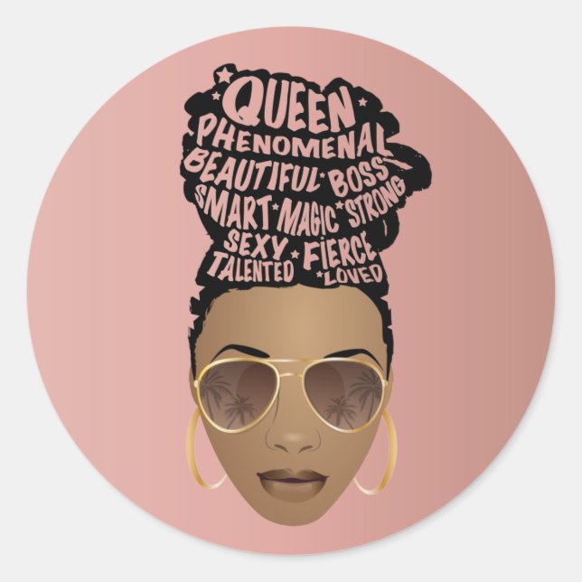 Encouraging Black Women, Natural Hair Bun, Pink Classic Round Sticker (Front)