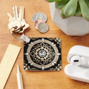 Encrusted white diamonds and gold circle mandala key ring