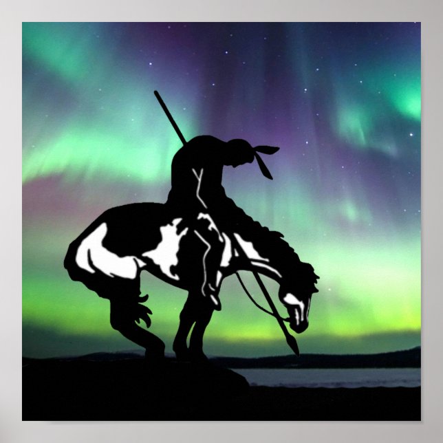 End of the Trail Silhouette With Northern Lights Poster (Front)