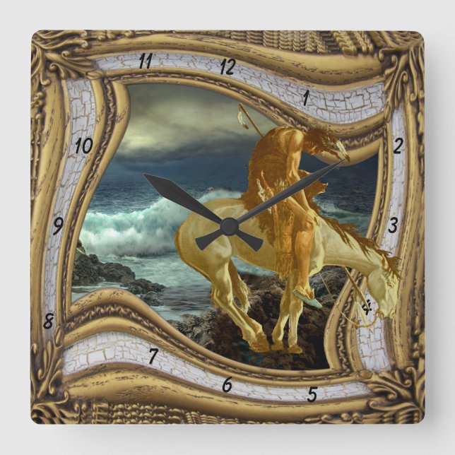 END OF TRAIL HORSE HEAD OUT OF FRAME  SQUARE WALL CLOCK (Front)