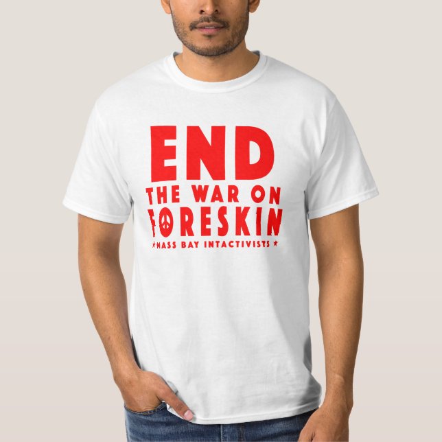 End The War On Foreskin, Red on White T-Shirt (Front)