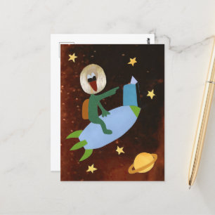 End with book on rocket in the planet star postcard