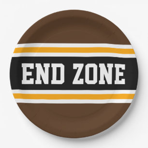 END ZONE Athletic Brown Yellow Football Stripes Paper Plate