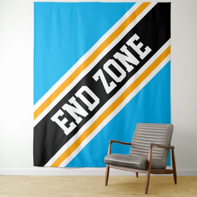 END ZONE Bold Bright Sky Blue Black Slant Stripes Tapestry (In Situ)