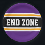 END ZONE Bold Purple Yellow Black Football Stripes Paper Plate<br><div class="desc">This sporty,  athletic design features bold END ZONE text inside a highlighted wide black stripe with double white and yellow racing stripes against royal purple outer stripes.   The text in this design can be personalised.</div>