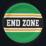 END ZONE Bright Green Black Football Stripes Paper Plate<br><div class="desc">This sporty,  athletic design features bold END ZONE text inside a highlighted wide black stripe with double white and yellow racing stripes against bright green outer stripes.   The text in this design can be personalised.</div>