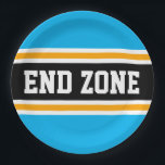 END ZONE Bright Sky Blue Black Football Stripes Paper Plate<br><div class="desc">This sporty,  athletic design features bold END ZONE text inside a highlighted wide black stripe with double white and yellow racing stripes against bright sky blue outer stripes.   The text in this design can be personalised.</div>