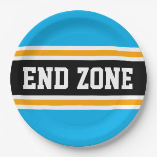 END ZONE Bright Sky Blue Black Football Stripes Paper Plate