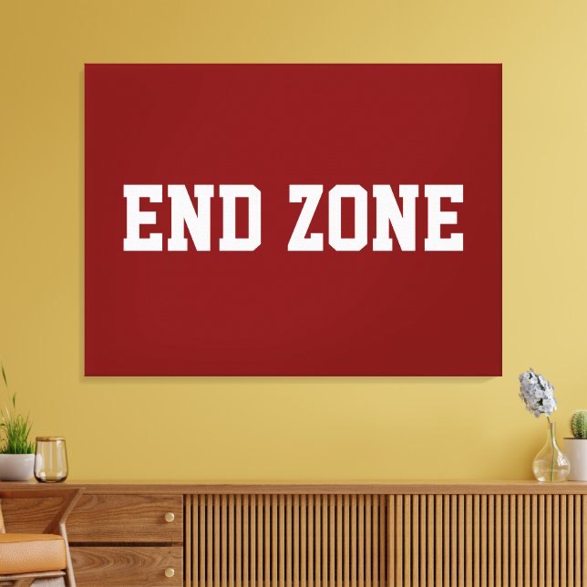 END ZONE Fun Athletic Football Text On Deep Red Canvas Print (Insitu(LivingRoom))