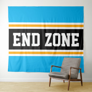 END ZONE Fun Bright Sky Blue Black Yellow Stripes Tapestry