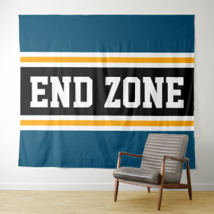 END ZONE Fun Sporty Teal Black Yellow Stripes Tapestry