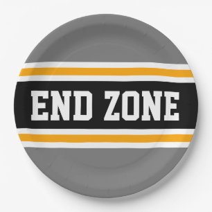 END ZONE Sporty Bold Grey Black Yellow Stripes Paper Plate
