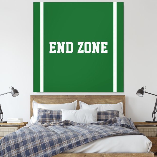 END ZONE White Text Edge Stripes On Gridiron Green Canvas Print (Insitu(Bedroom))