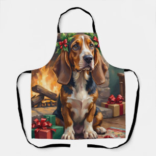 Endearing Basset Hound Dog with Christmas Wreath Apron