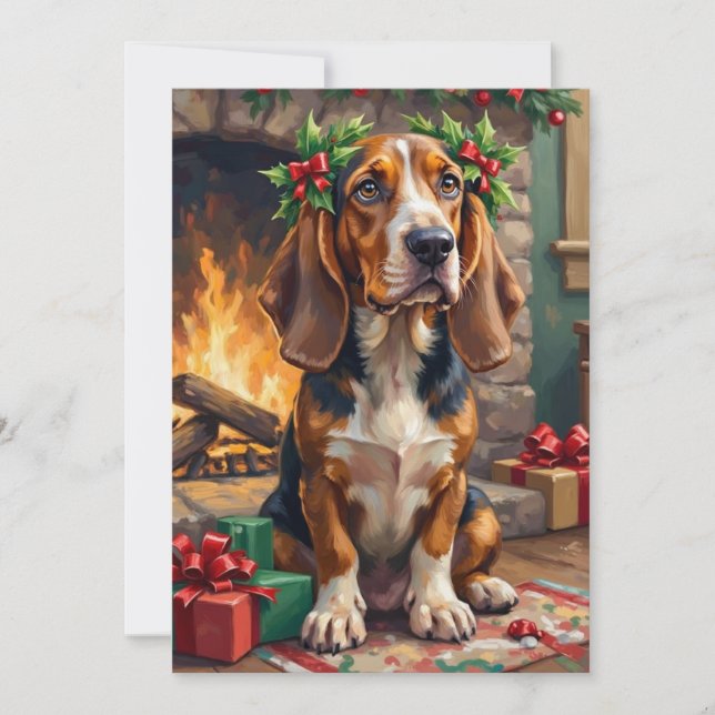 Endearing Basset Hound Dog with Christmas Wreath Holiday Card (Front)